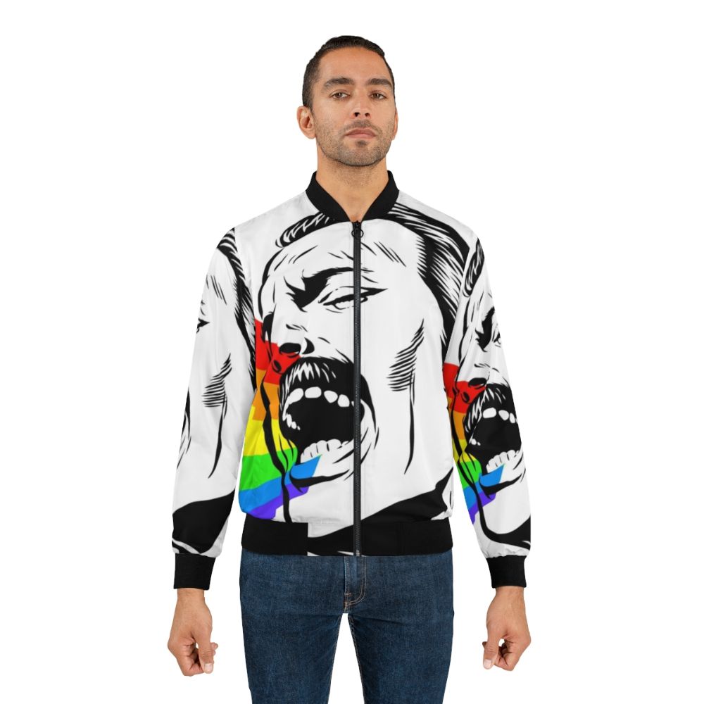 A colorful, vibrant bomber jacket with a singing rainbows design - Lifestyle