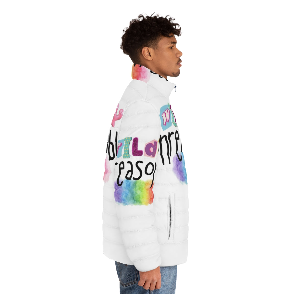 Colorful puffer jacket with LGBTQ+ pride design - men side right