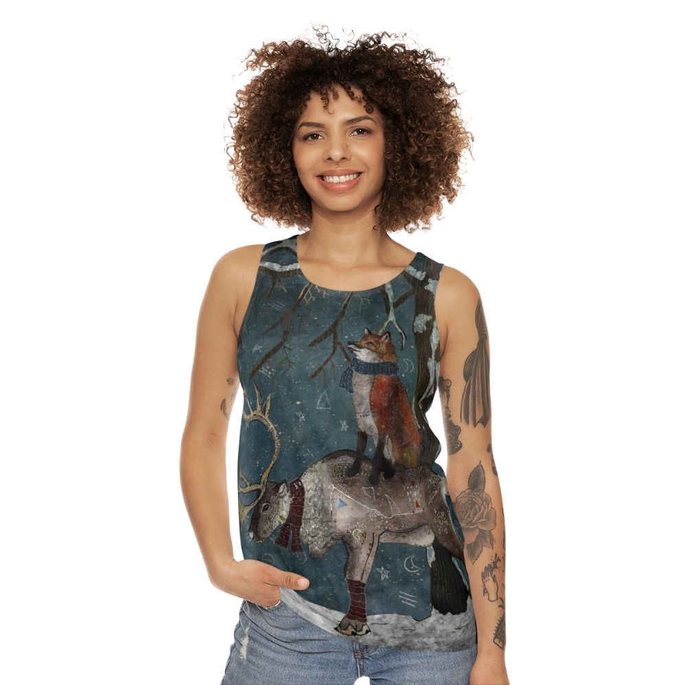 Unisex winter tank top with whimsical nature-inspired design - women