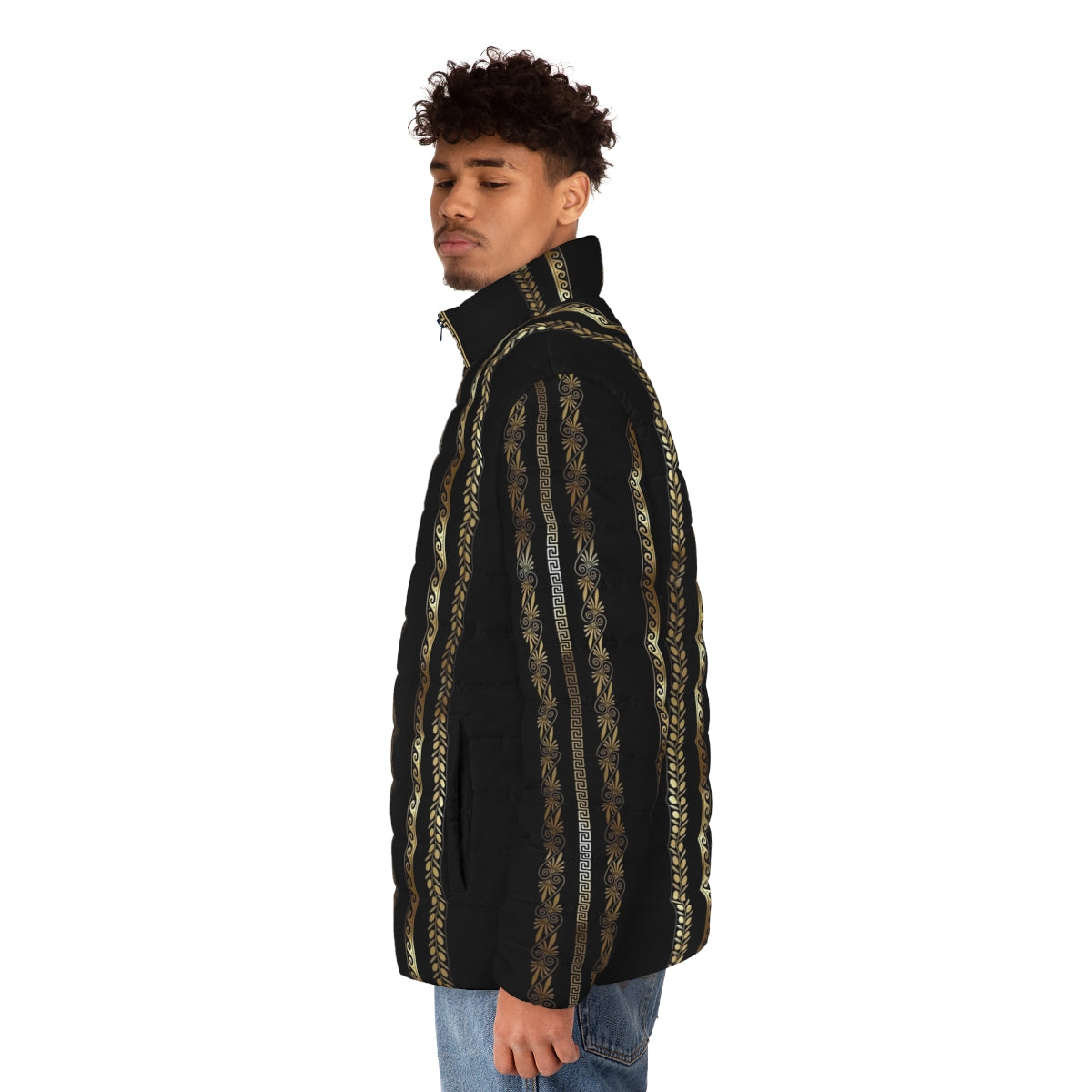 Gold puffer jacket with Greek key pattern - men side left