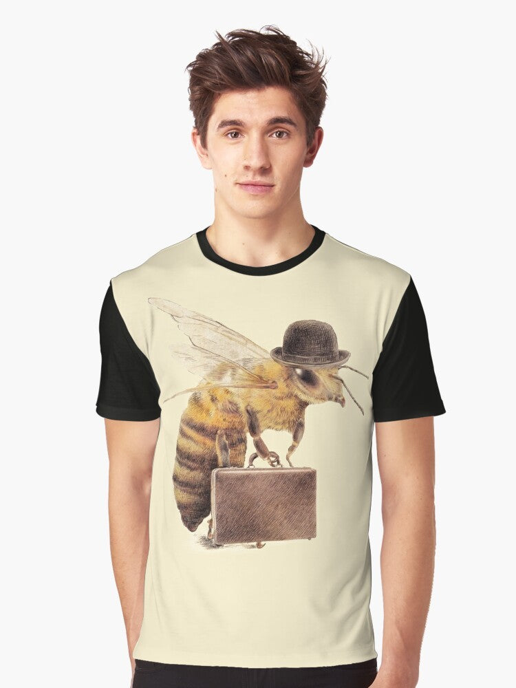 A graphic t-shirt design featuring a worker bee character in a yellow bowler hat and briefcase, illustrating the busy life of a corporate worker. - Men