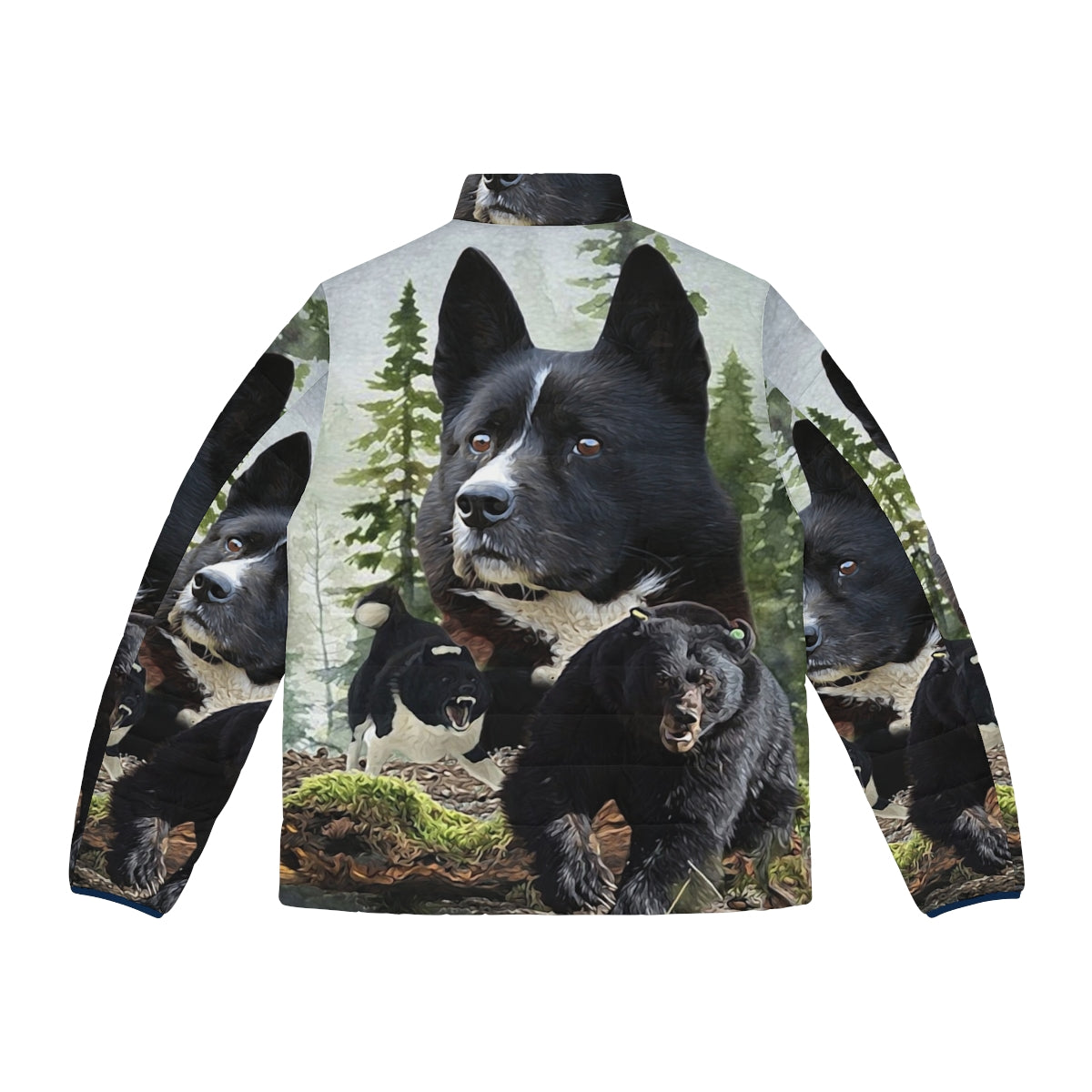 Karelian Bear Dog wearing a puffer jacket, ready for outdoor hunting - Back