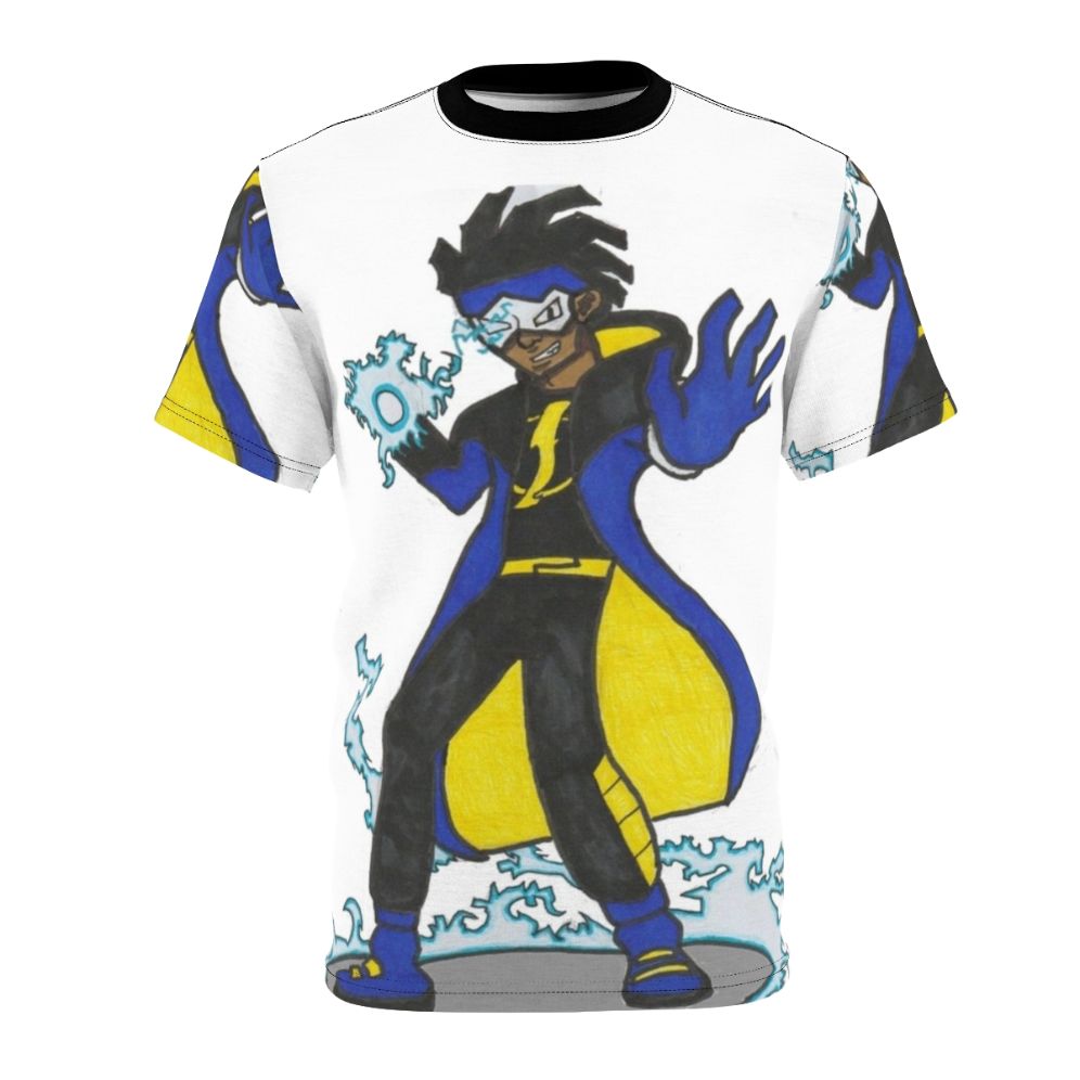 Stylized Static Shock inspired t-shirt design featuring a pop art style black superhero character