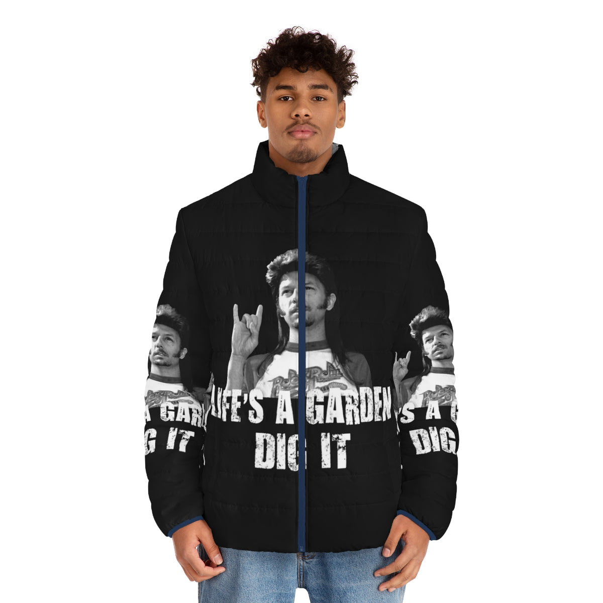 Life's a Garden Dig It Puffer Jacket featuring a garden quote and outdoor theme - men front