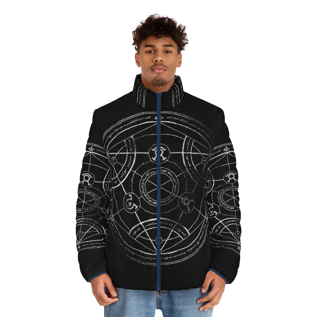 Fullmetal Alchemist inspired puffer jacket with hand-drawn human transmutation circle - men front