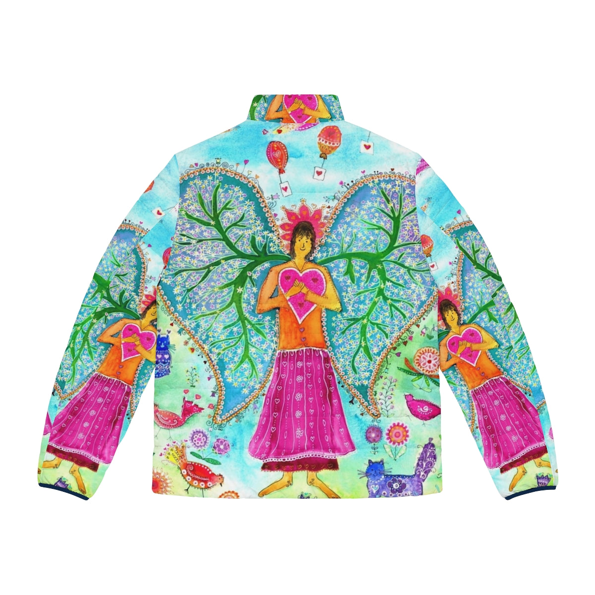 An angel-themed puffer jacket with a design featuring lungs, wings, and nature elements. - Back