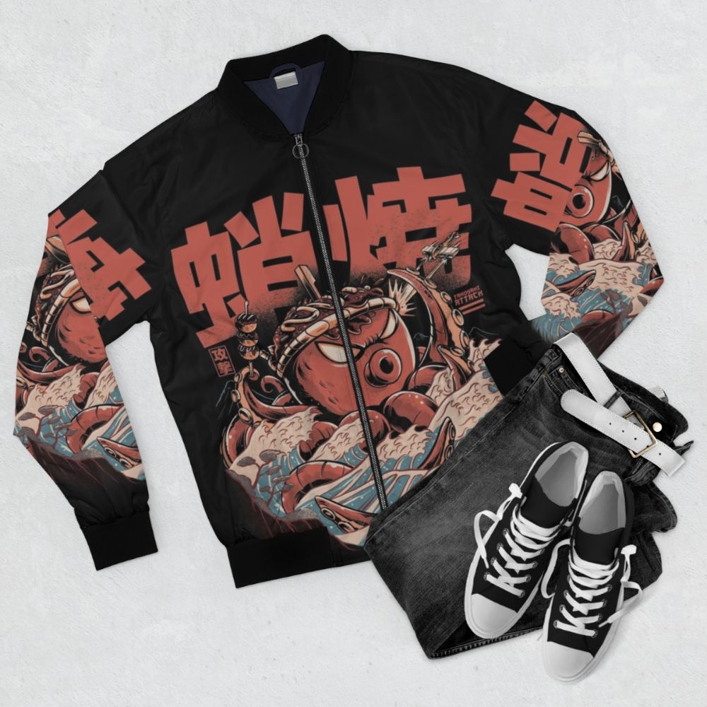 Takoyaki themed bomber jacket with vintage Japanese anime-inspired design - Flat lay