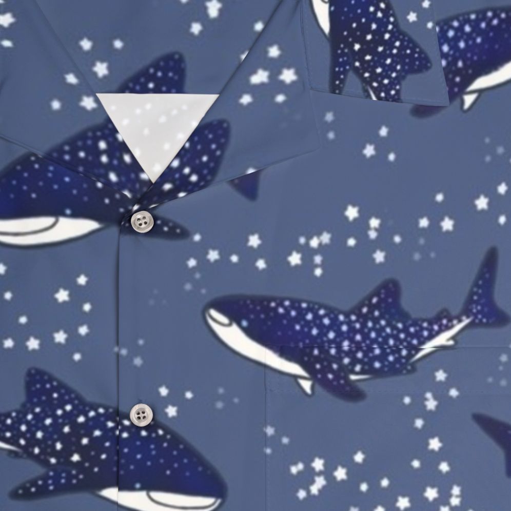 Dark blue Hawaiian shirt with cartoon whale sharks and starry night sky - Detail