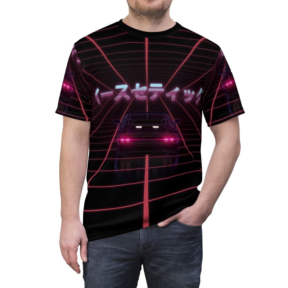 Colorful 80s retro-inspired vaporwave and synthwave design t-shirt with futuristic and sci-fi elements - men front