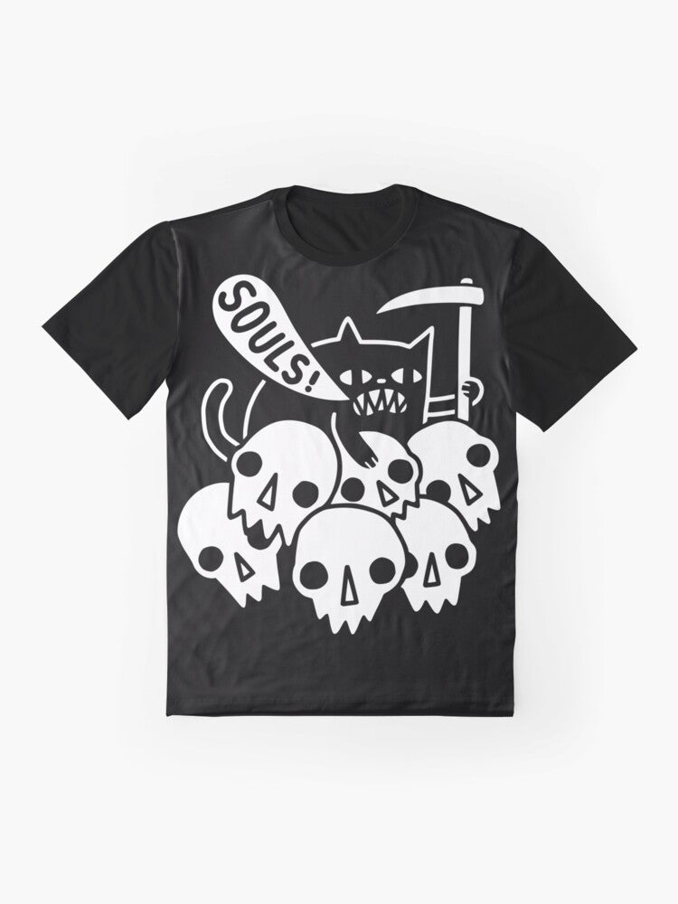 Graphic t-shirt design featuring a black cat with a skeleton skull and the phrase "Cat Got Your Soul?" - Flat lay