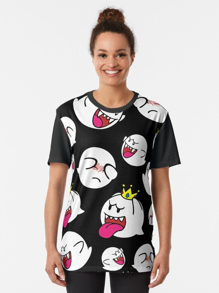 King Boo Swarm Graphic T-Shirt, featuring a group of shy boos and ghosts from the Nintendo video game series. - Women