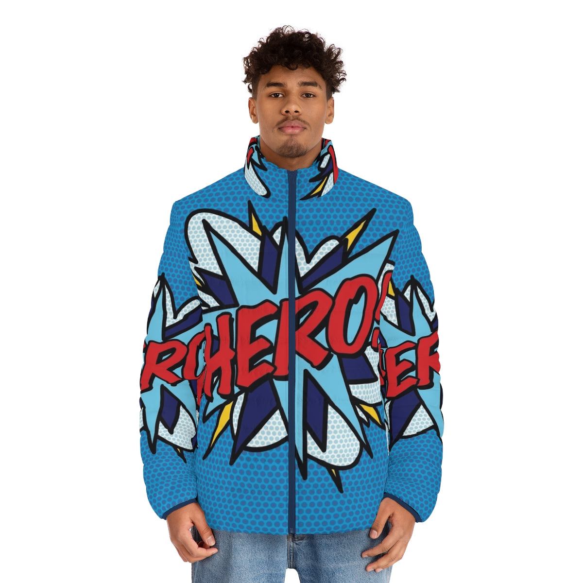 Vibrant hero comic book pop art puffer jacket with retro superhero graphics - men front