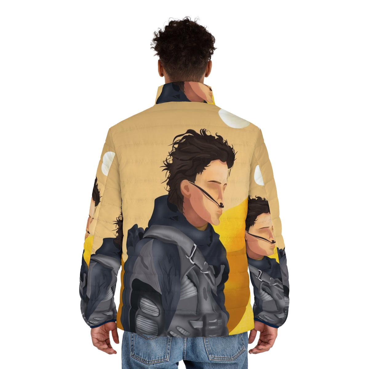 Dune-inspired puffer jacket featuring Paul Atreides and the moons of Arrakis - men back