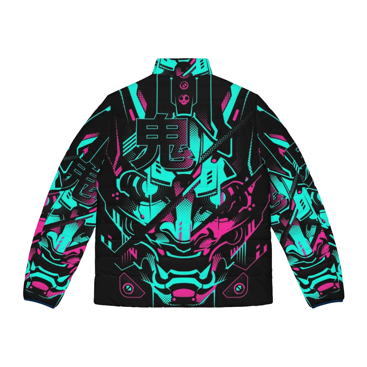 Cyberpunk-inspired neon glitch puffer jacket with oni, mecha, and Japanese design elements - Back