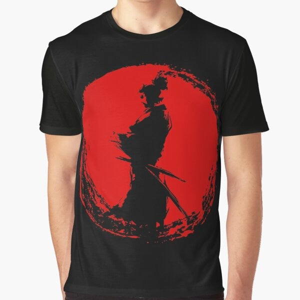 Musashi Miyamoto Samurai Graphic T-Shirt featuring a stencil-style design of the legendary Japanese swordsman