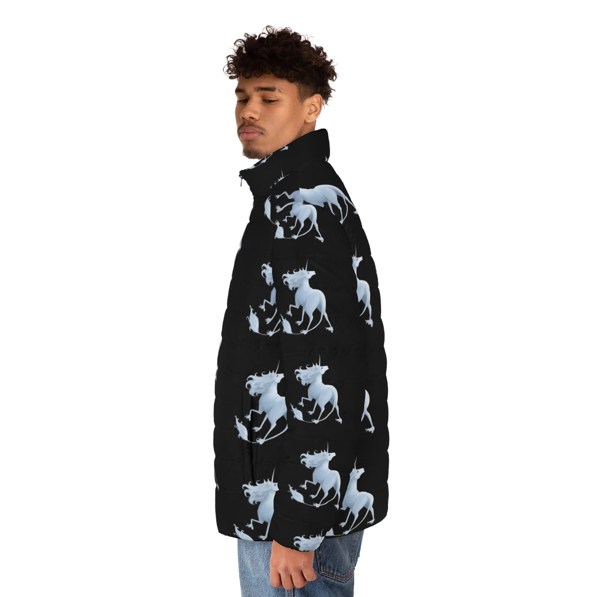 "The Last Unicorn" puffer jacket featuring dark, pastel, and gothic unicorn designs - men side left