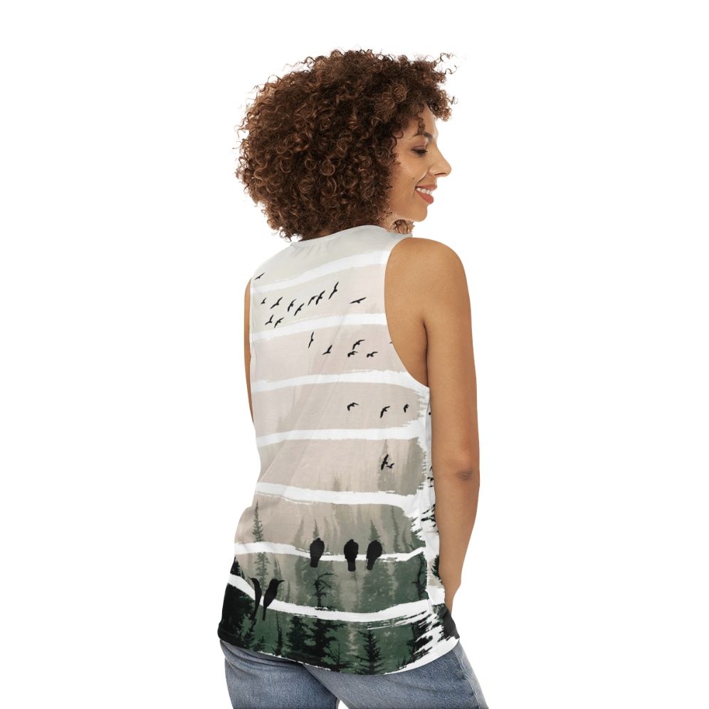 Unisex tank top with birds watching birds at sunset - women back