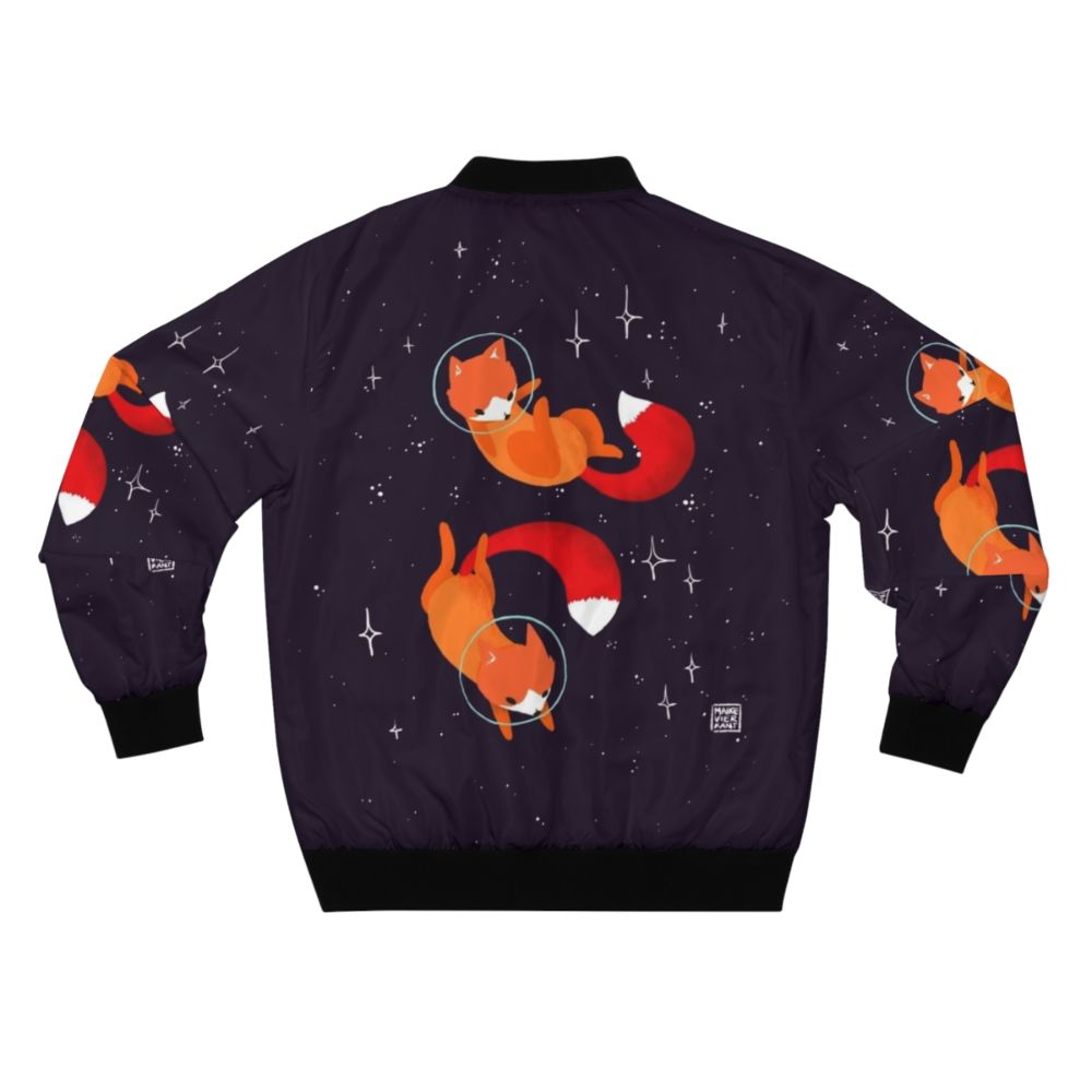 A stylish bomber jacket featuring a cute and whimsical space fox design, surrounded by stars and cosmic elements. - Back