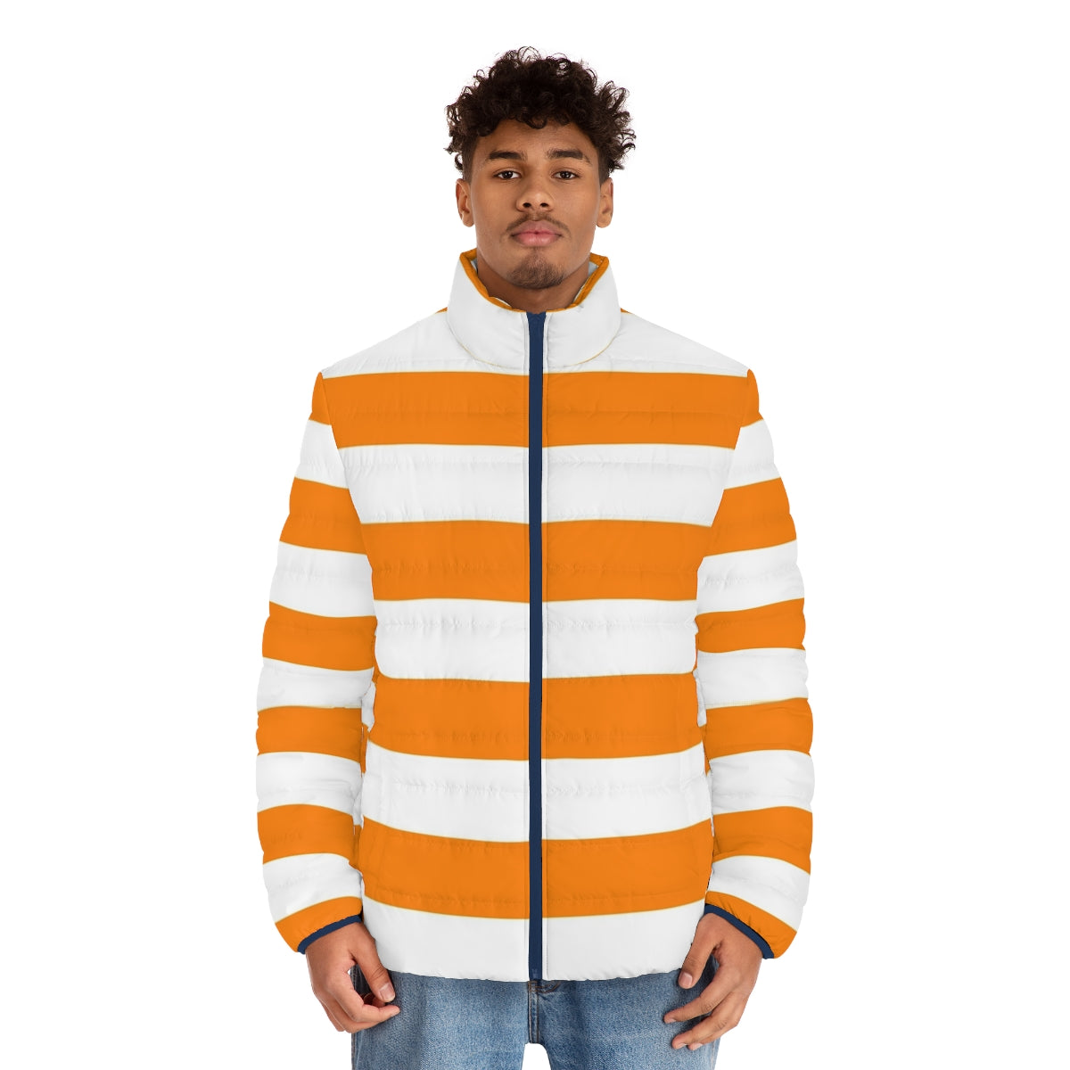 Orange and white striped puffer jacket with a bright, horizontal pattern - men front