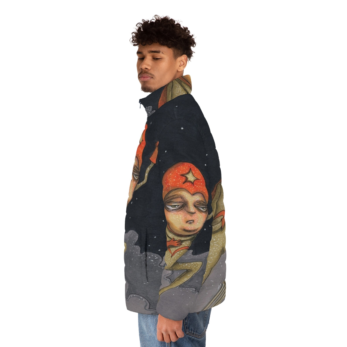 A puffer jacket featuring a hand-drawn superhero design with a cape and bold graphics - men side left