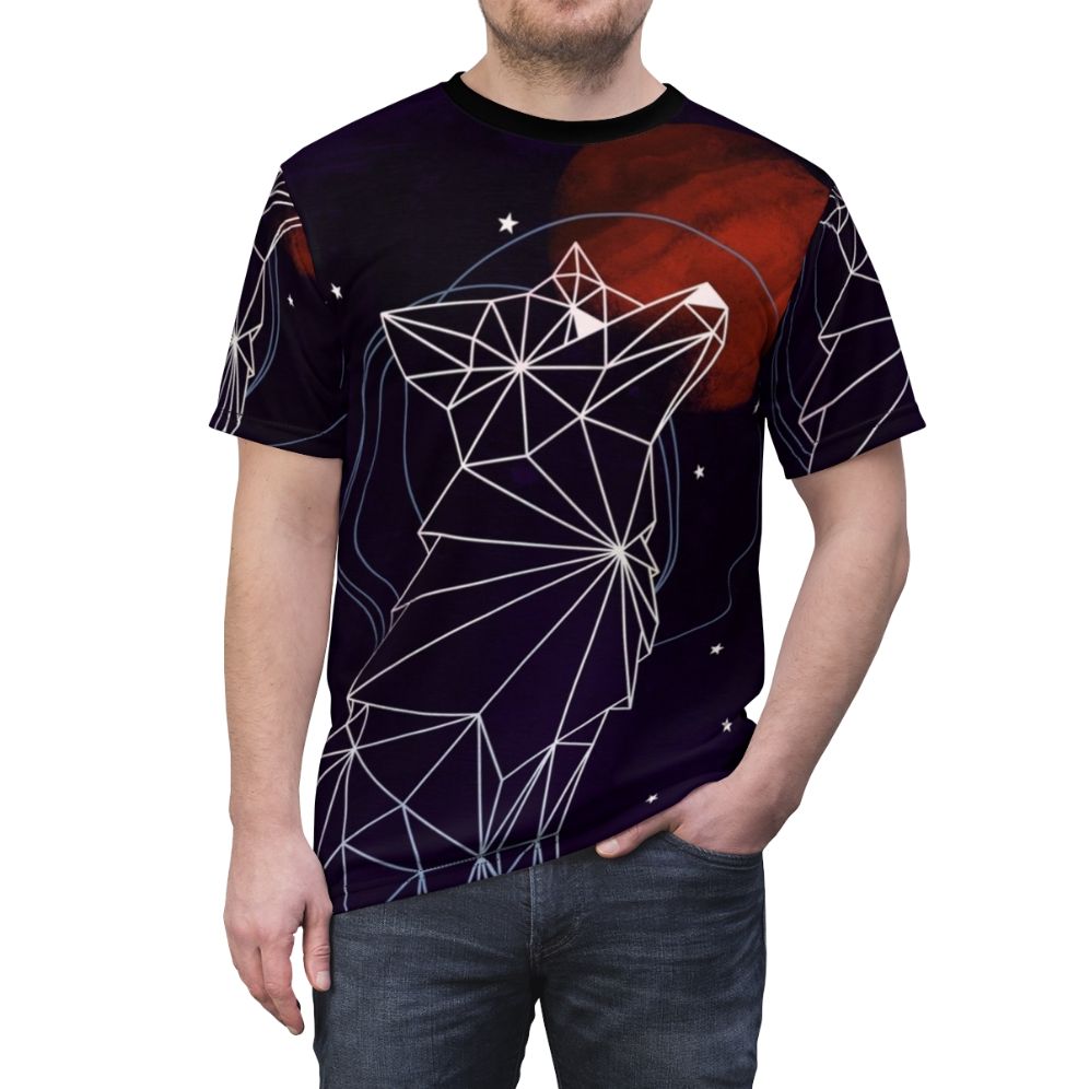 Cosmic galaxy t-shirt with geometric space themed print featuring stars, planets, and nebulae - men front