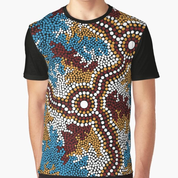 Authentic Aboriginal art graphic t-shirt featuring the Wetland Dreaming design