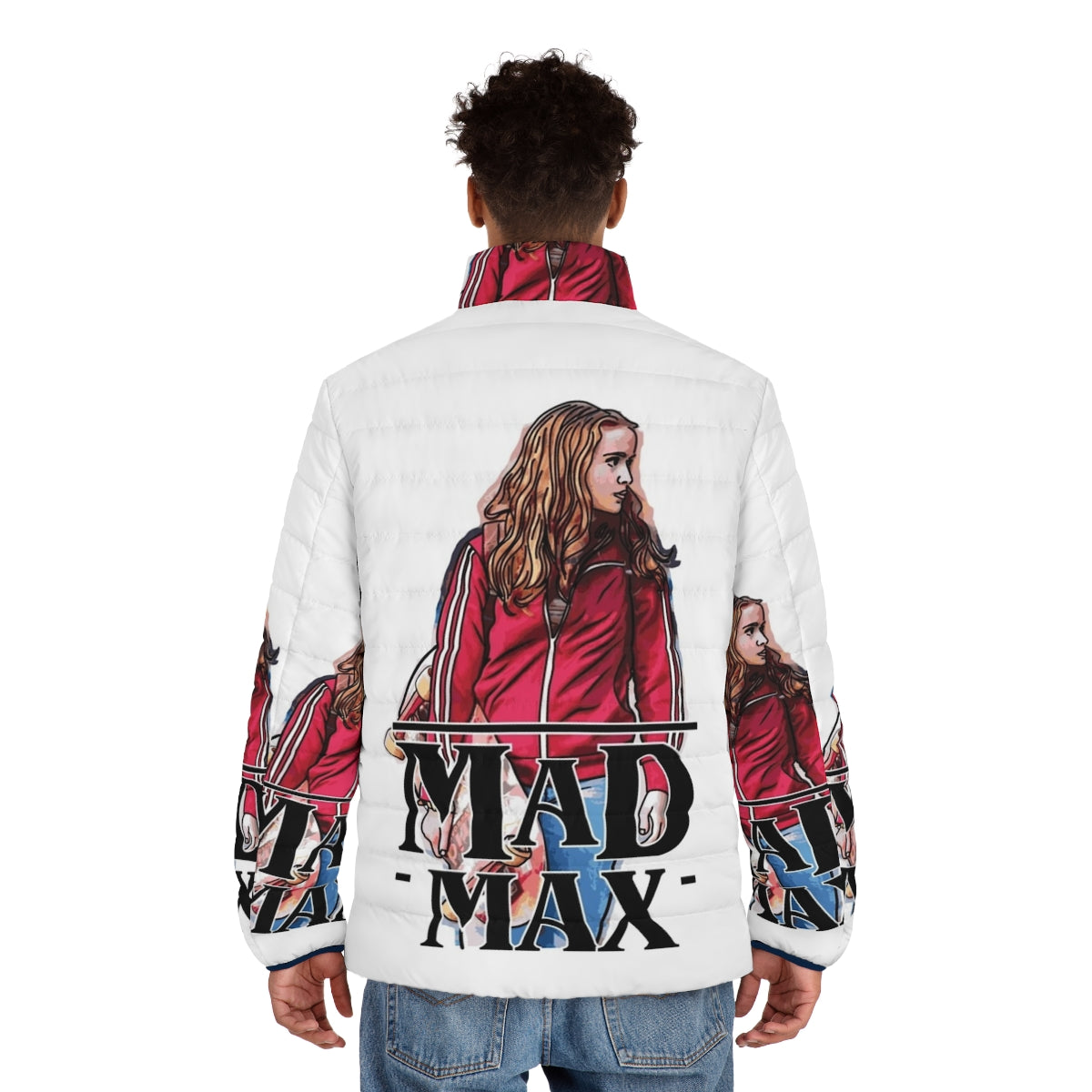 Vintage Mad Max x Stranger Things puffer jacket with post-apocalyptic dystopian design - men back