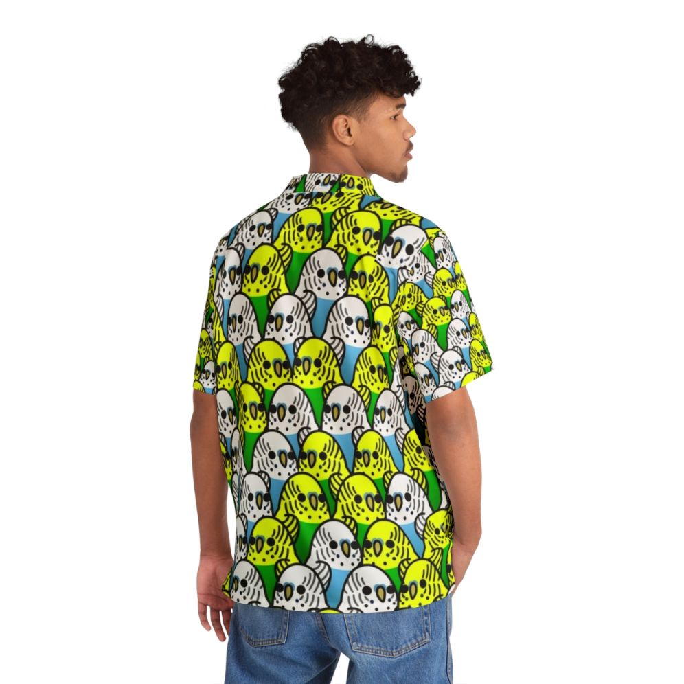 Tropical Hawaiian shirt with a colorful bird pattern featuring cockatiels, cockatoos, macaws, parakeets, and budgies. - People Back