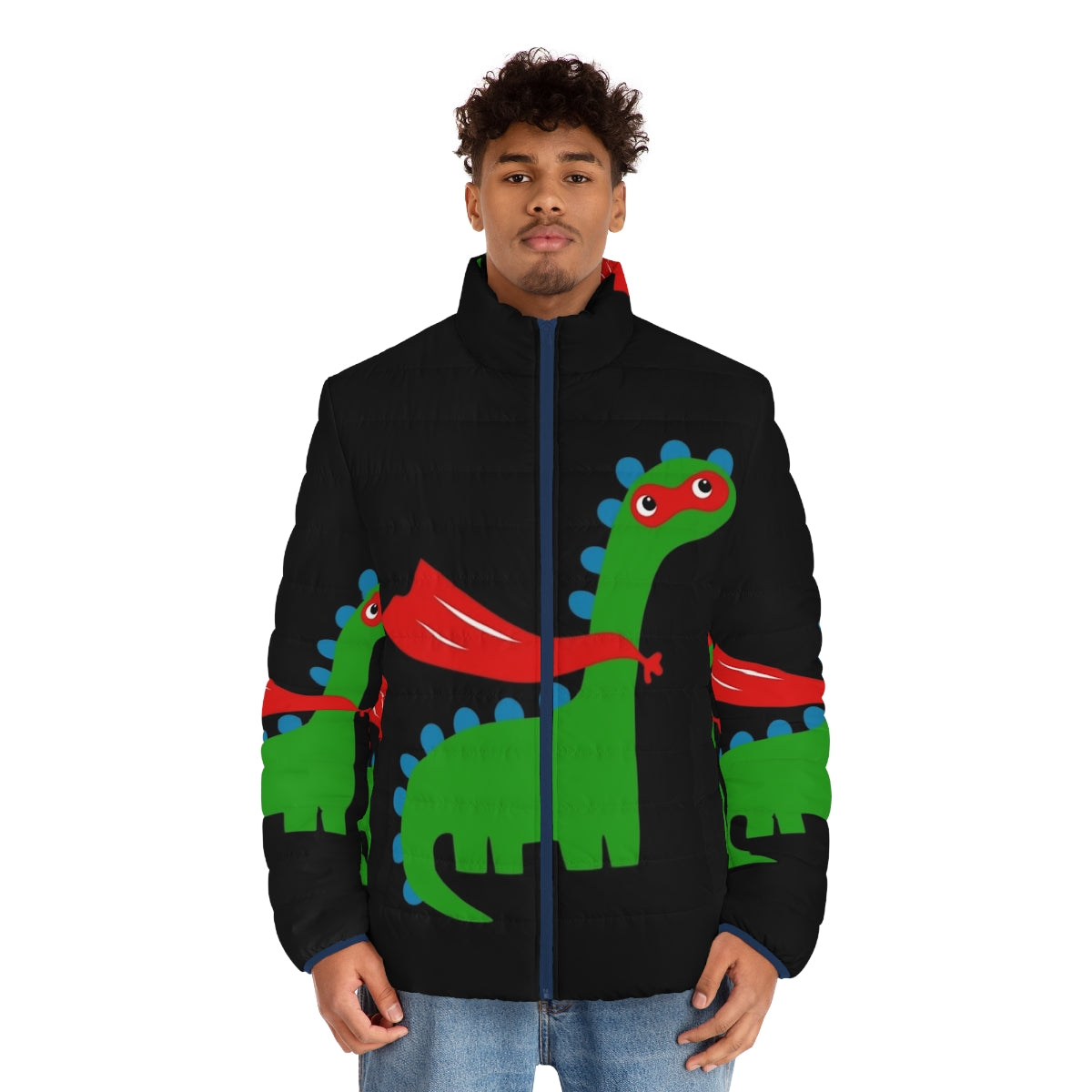 Kid wearing a colorful dinosaur superhero puffer jacket - men front