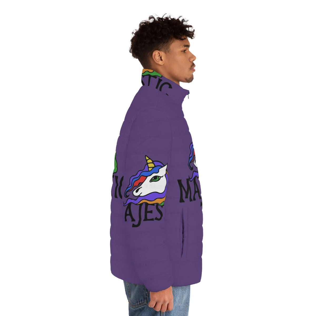 Majestic unicorn puffer jacket with a vibrant rainbow design - men side right