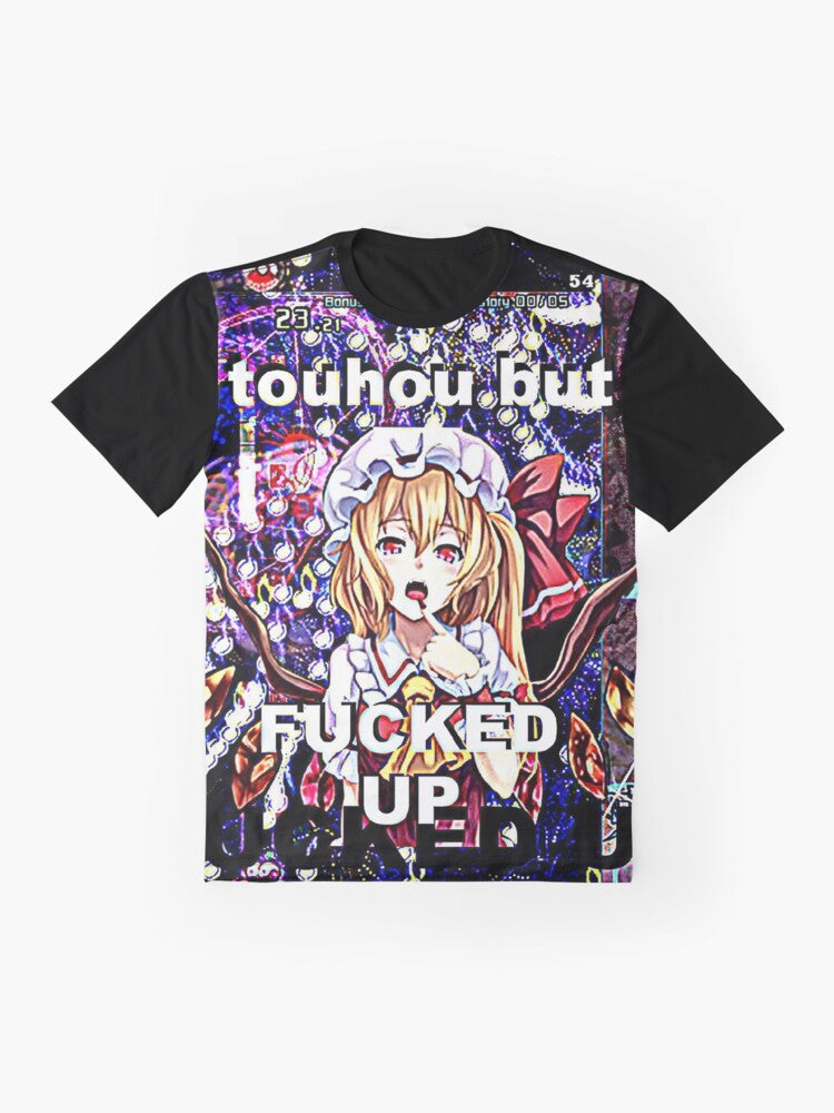 Funny Touhou meme graphic t-shirt featuring Flandre Scarlet, a popular character from the Touhou Project anime and game series. - Flat lay