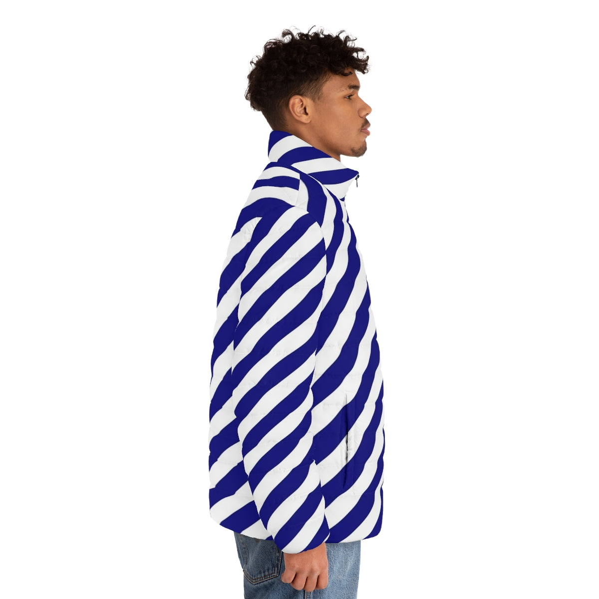 Blue and white diagonal stripe puffer jacket - men side right