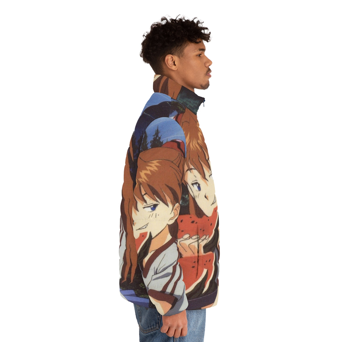 Smug anime-inspired puffer jacket with watermelon and Evangelion design - men side right