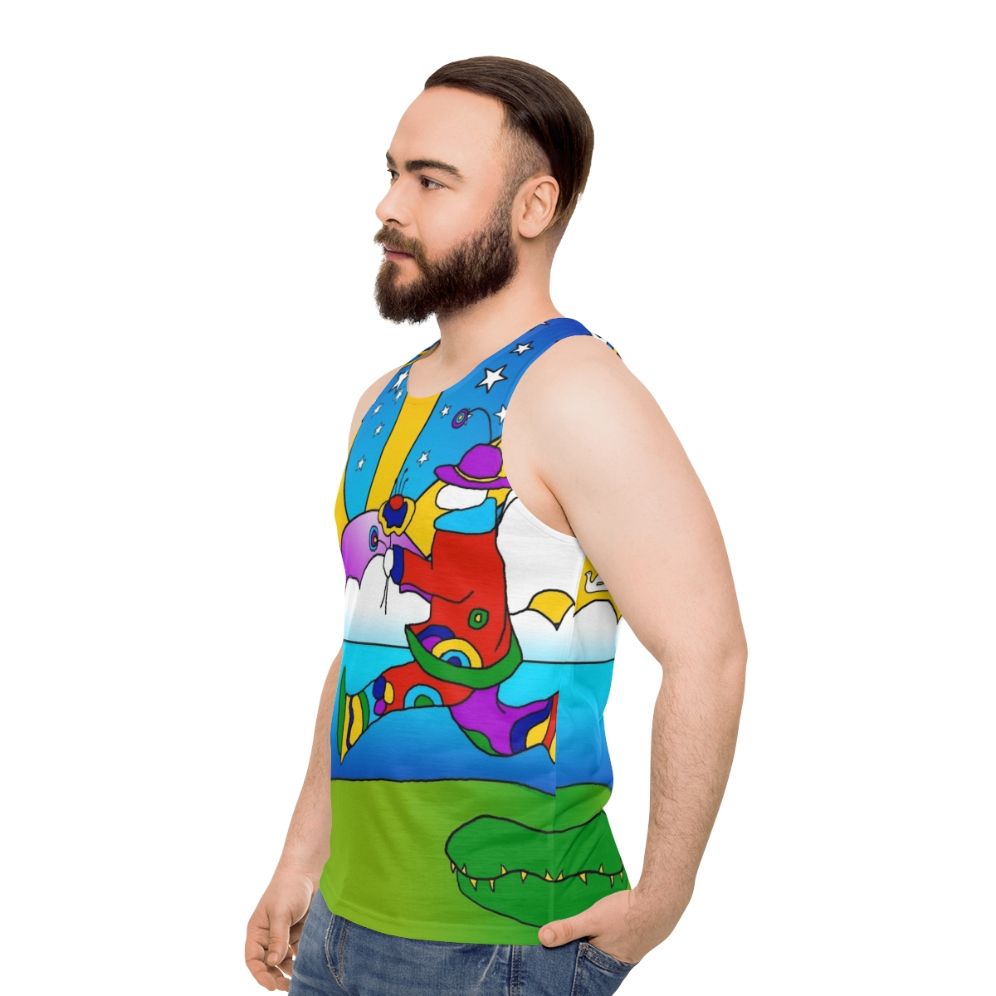 Unisex tank top with inspirational "It's Not the End, It's Only the Beginning" quote and psychedelic art design - men side