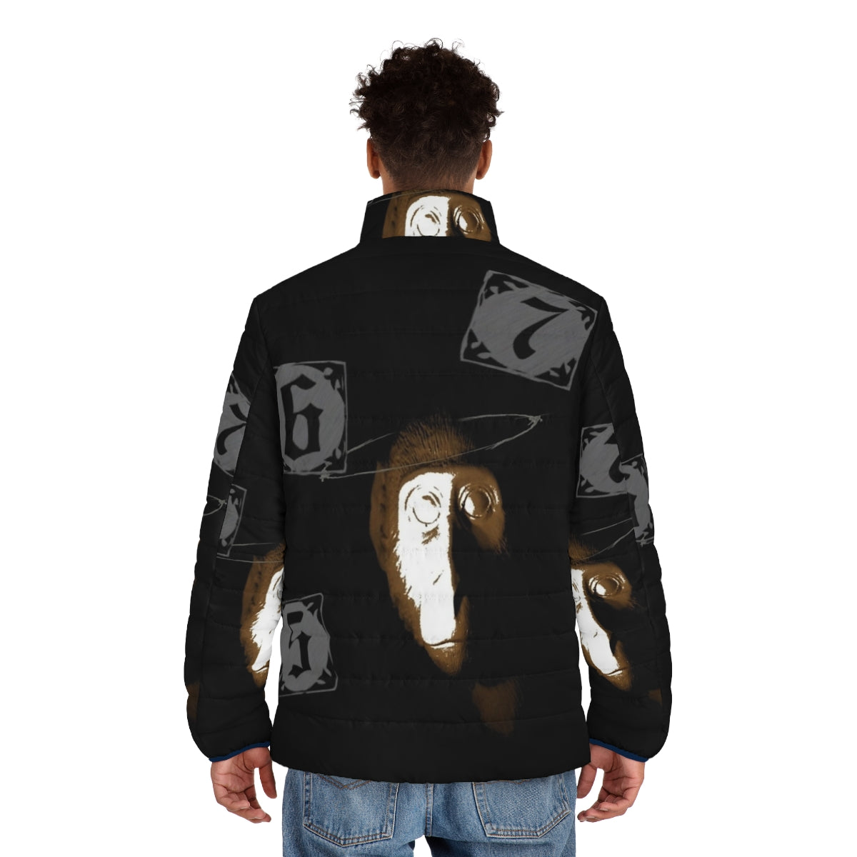 Monkey Gone to Heaven Puffer Jacket featuring Pixies band imagery and lyrics - men back