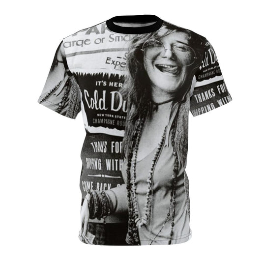 Janis Joplin inspired all-over print t-shirt featuring psychedelic and flower power design