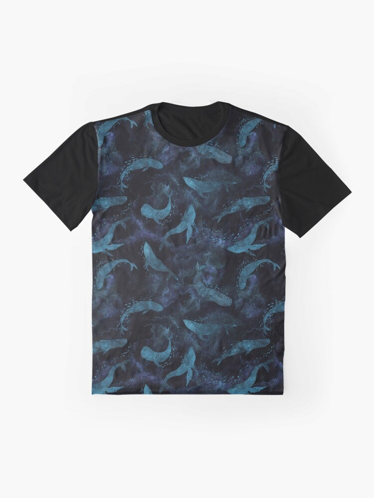 Illustration of whales dancing in the deep blue ocean, with an indigo blue background. - Flat lay