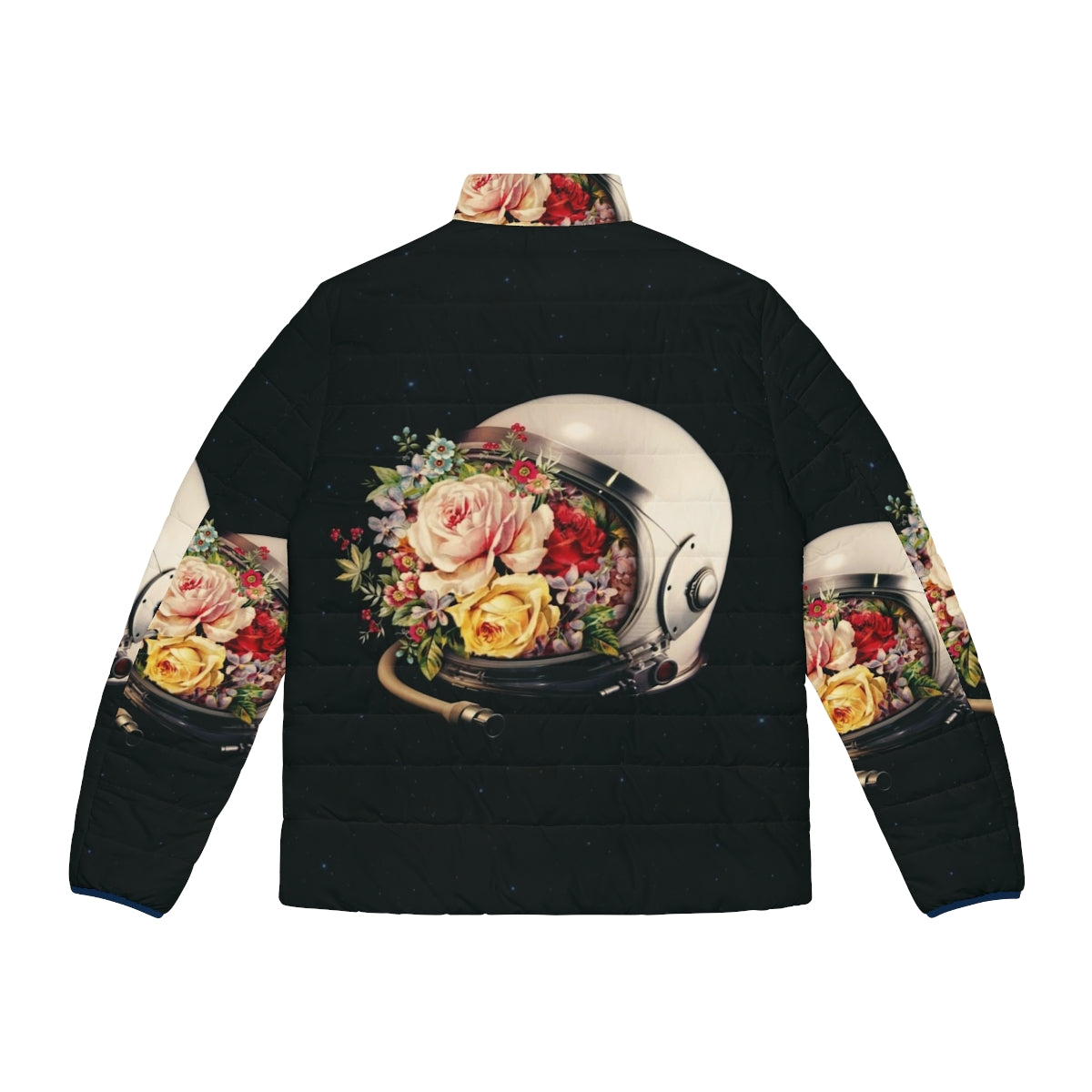 Puffer jacket featuring a collage of an astronaut, space, stars, and flowers - Back