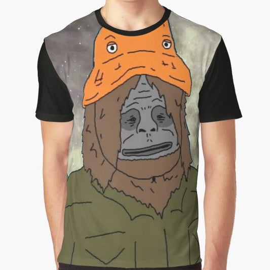 Trippy graphic t-shirt featuring a sassy sasquatch from the Big Lez Show cartoon