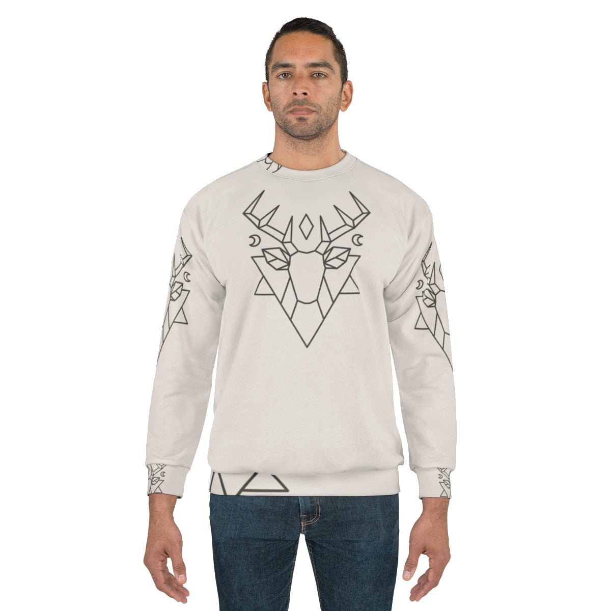 Mystic deer graphic sweatshirt with forest, moon, and stars design - men