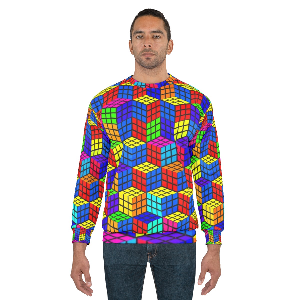 Rubik's Cube optical illusion sweatshirt with colorful, abstract geometric design - men