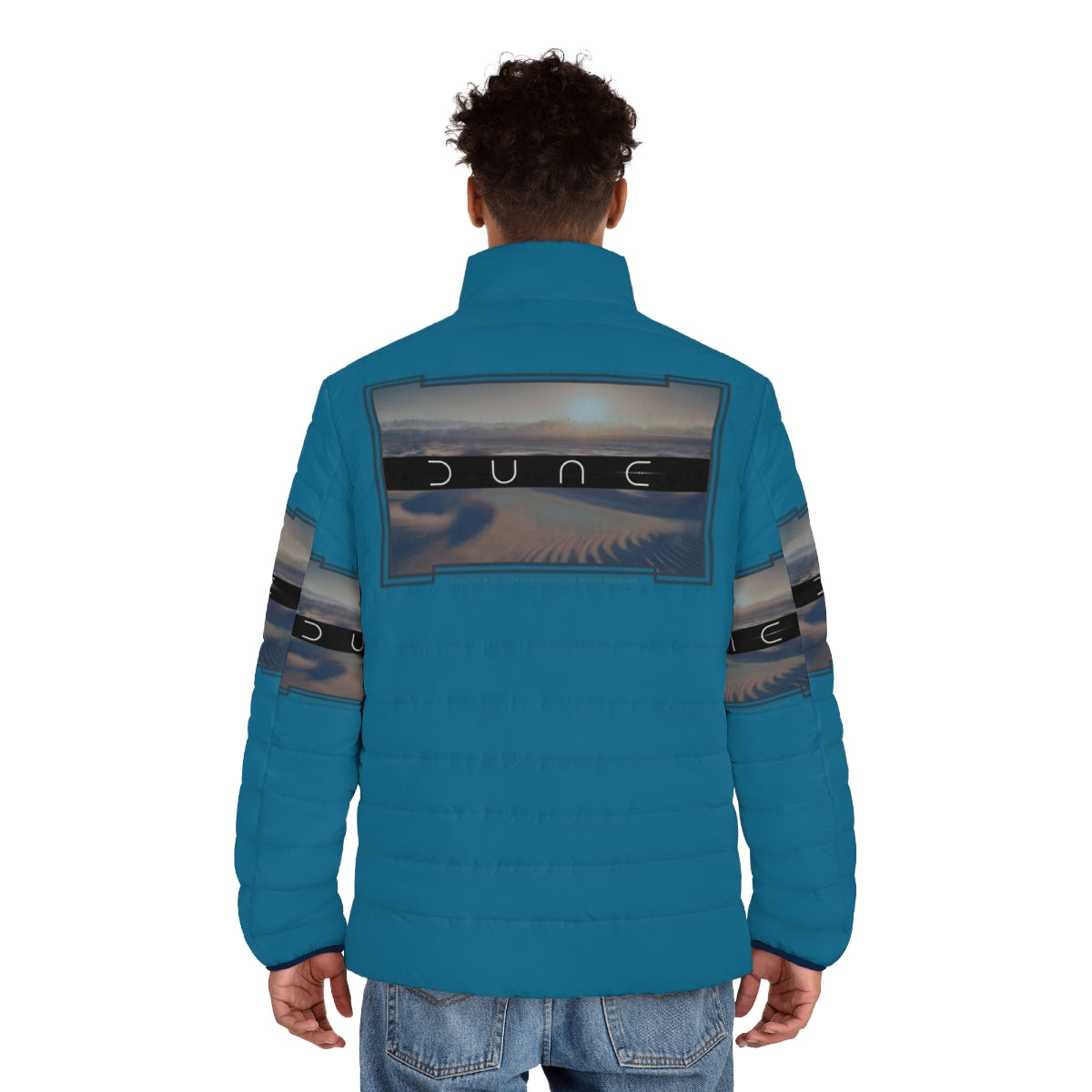 Dune-themed puffer jacket with a striking desert and twin moons graphic - men back