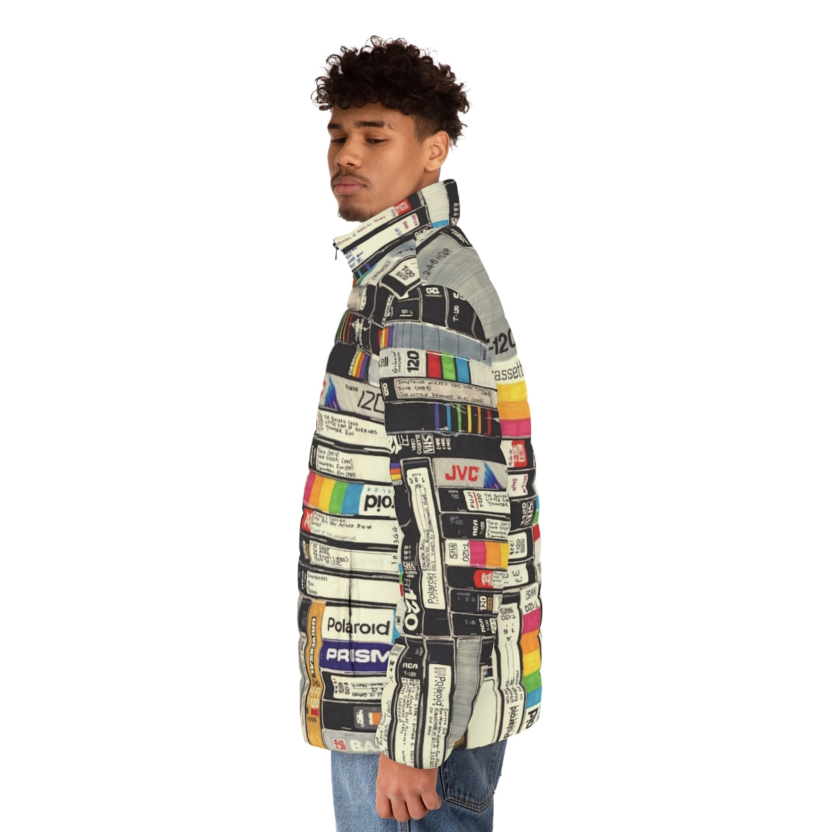 Retro VHS puffer jacket with vibrant, nostalgic graphics - men side left