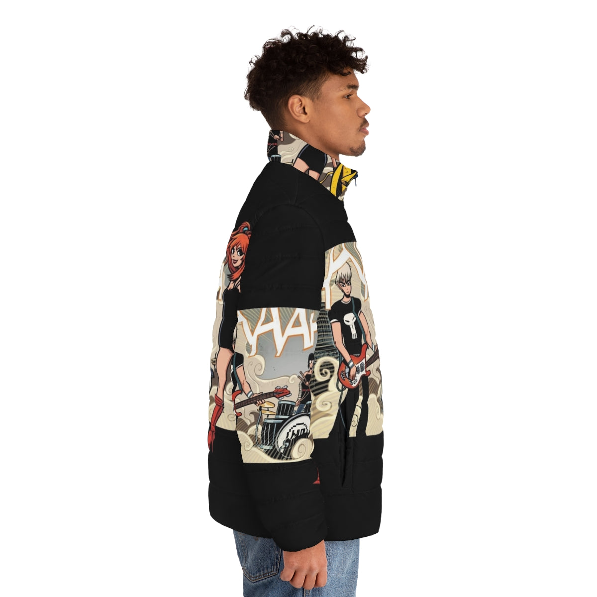 The Clash At Demonhead vegan puffer jacket, featuring retro 80s indie rock band design - men side right