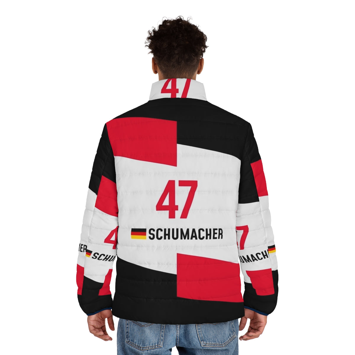 F1 2021 Schumacher Classic Puffer Jacket with racing, motorsport, and car design - men back