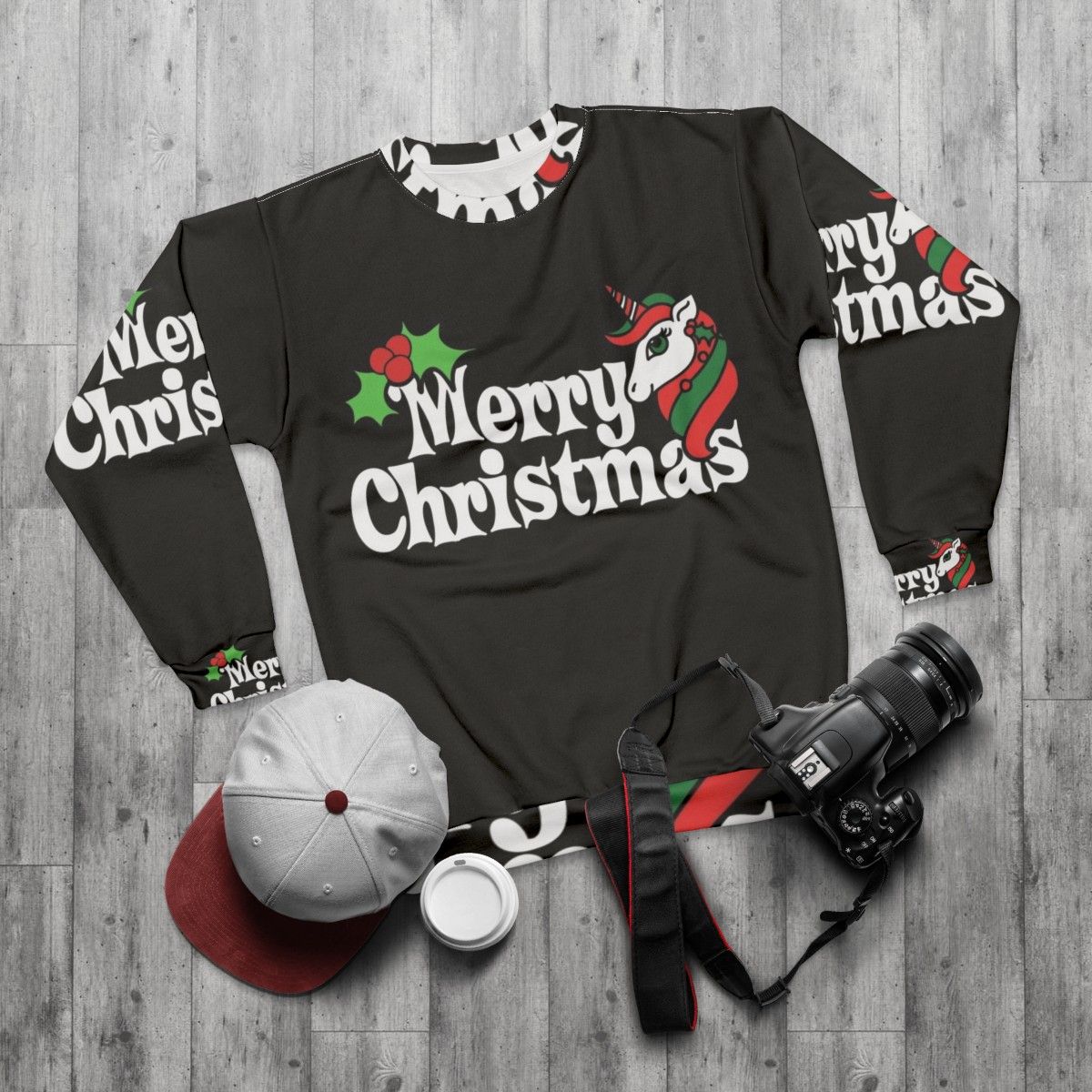 Merry Christmas Unicorn Sweatshirt - flat lay