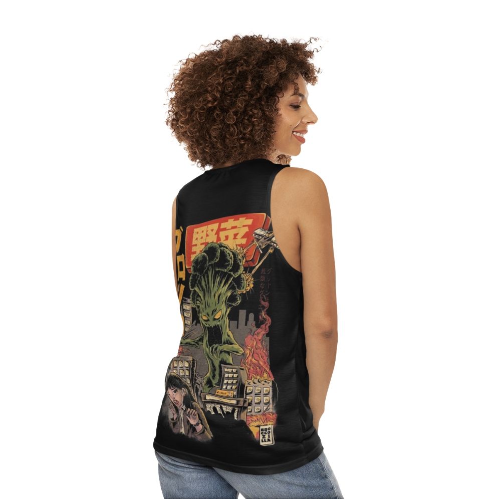 Unisex anime broccoli tank top with retro Broccozilla horror design - women back