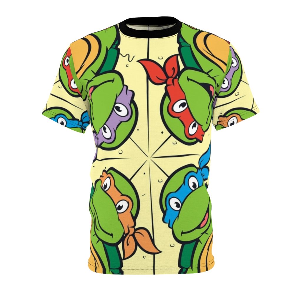 Retro-style t-shirt featuring a pizza-themed design inspired by the classic Teenage Mutant Ninja Turtles cartoon