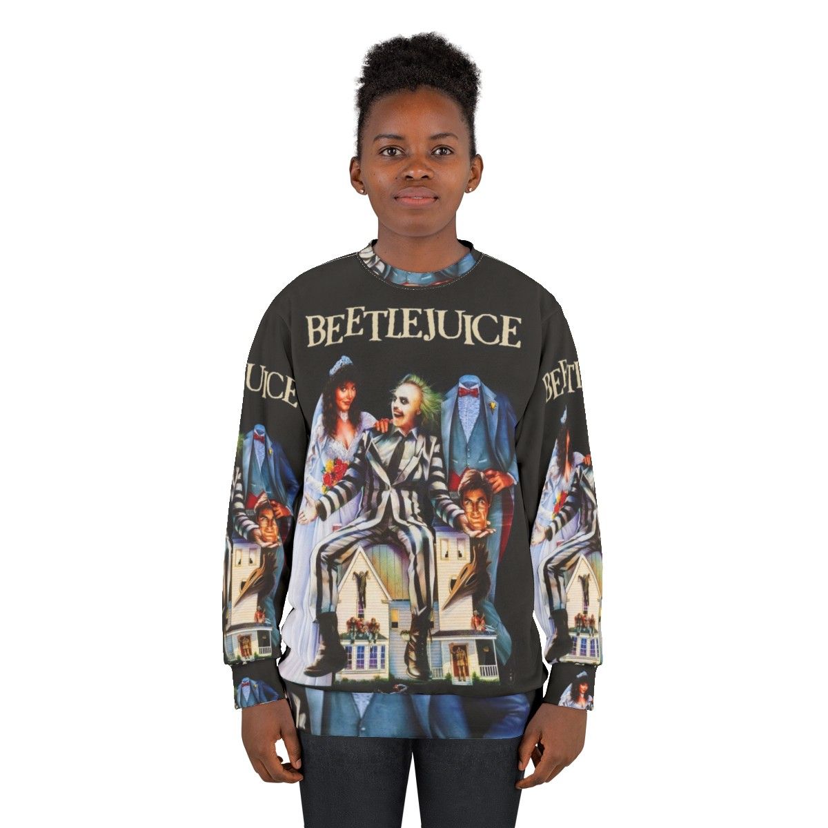 Beetlejuice themed sweatshirt with gothic and horror design - women