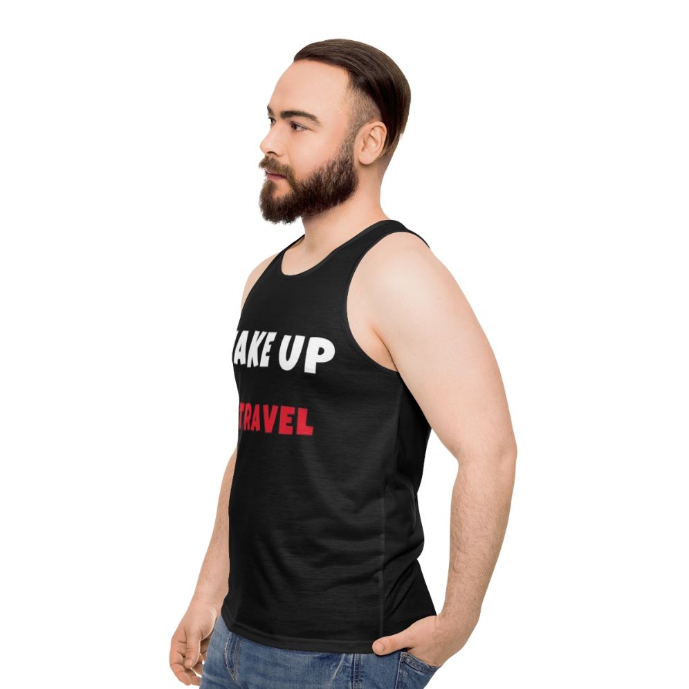 Unisex tank top with "Wake Up and Travel Activities Hobbies" design - men side